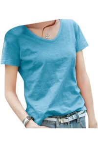 SKT032 Design cotton loose short-sleeved T-shirt Manufacture V-neck net color short-sleeved T-shirt Supplier Bamboo cotton T-shirt side view